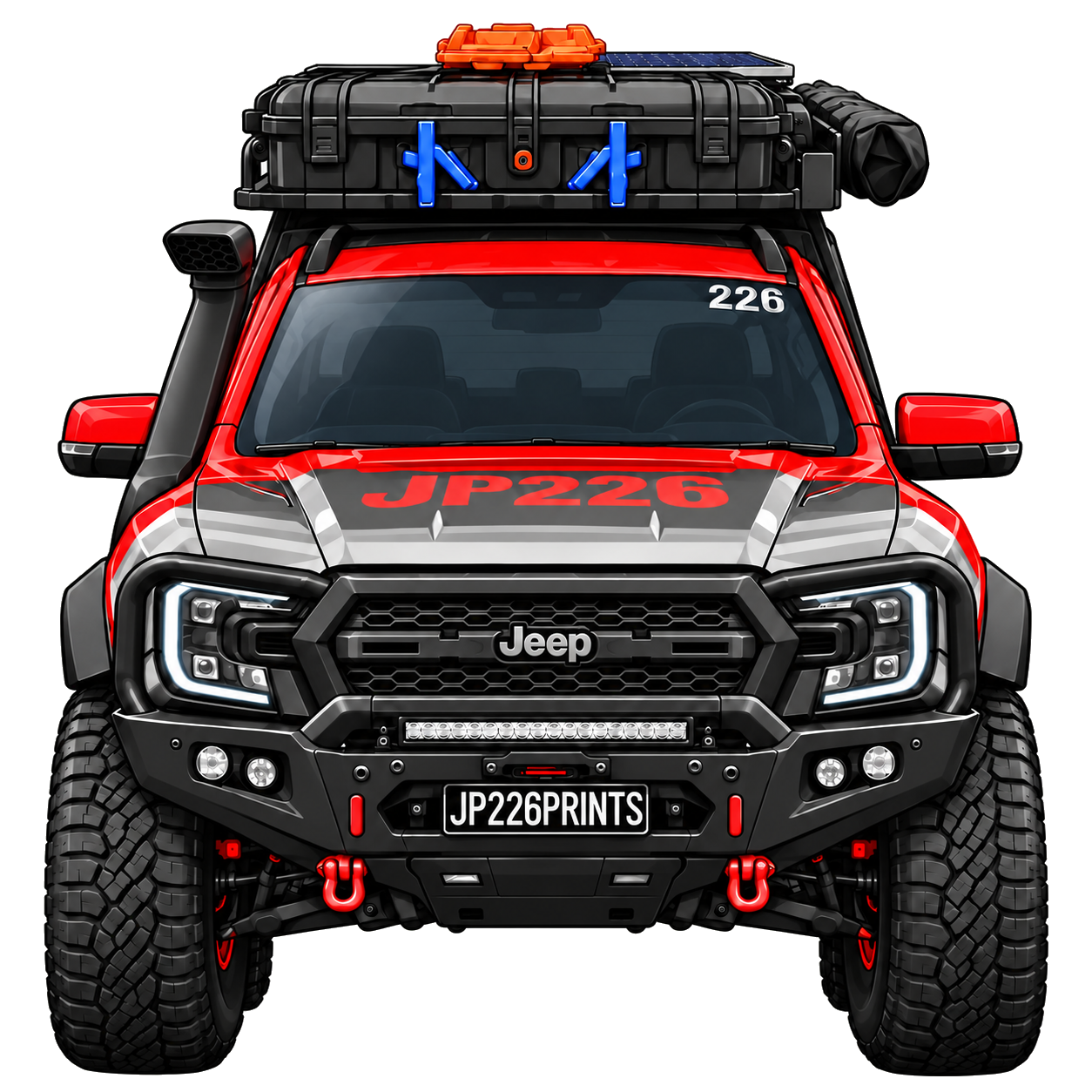 Cartoon front view of the JP226 extra-cab ute with its Ranger-style grille and Jeep badge