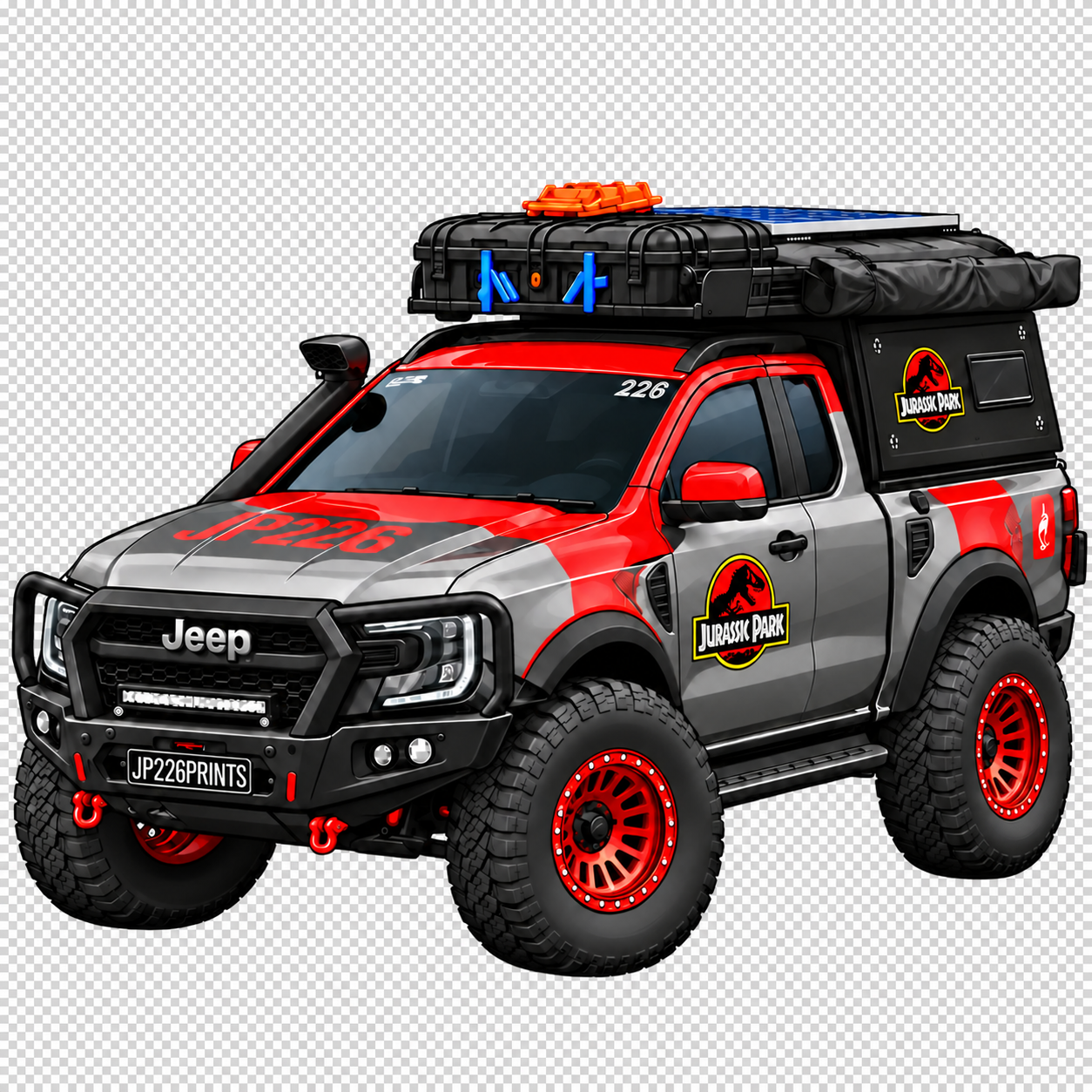 The red, grey and black JP226 Jurassic Park tribute extra-cab ute in front three-quarter view
